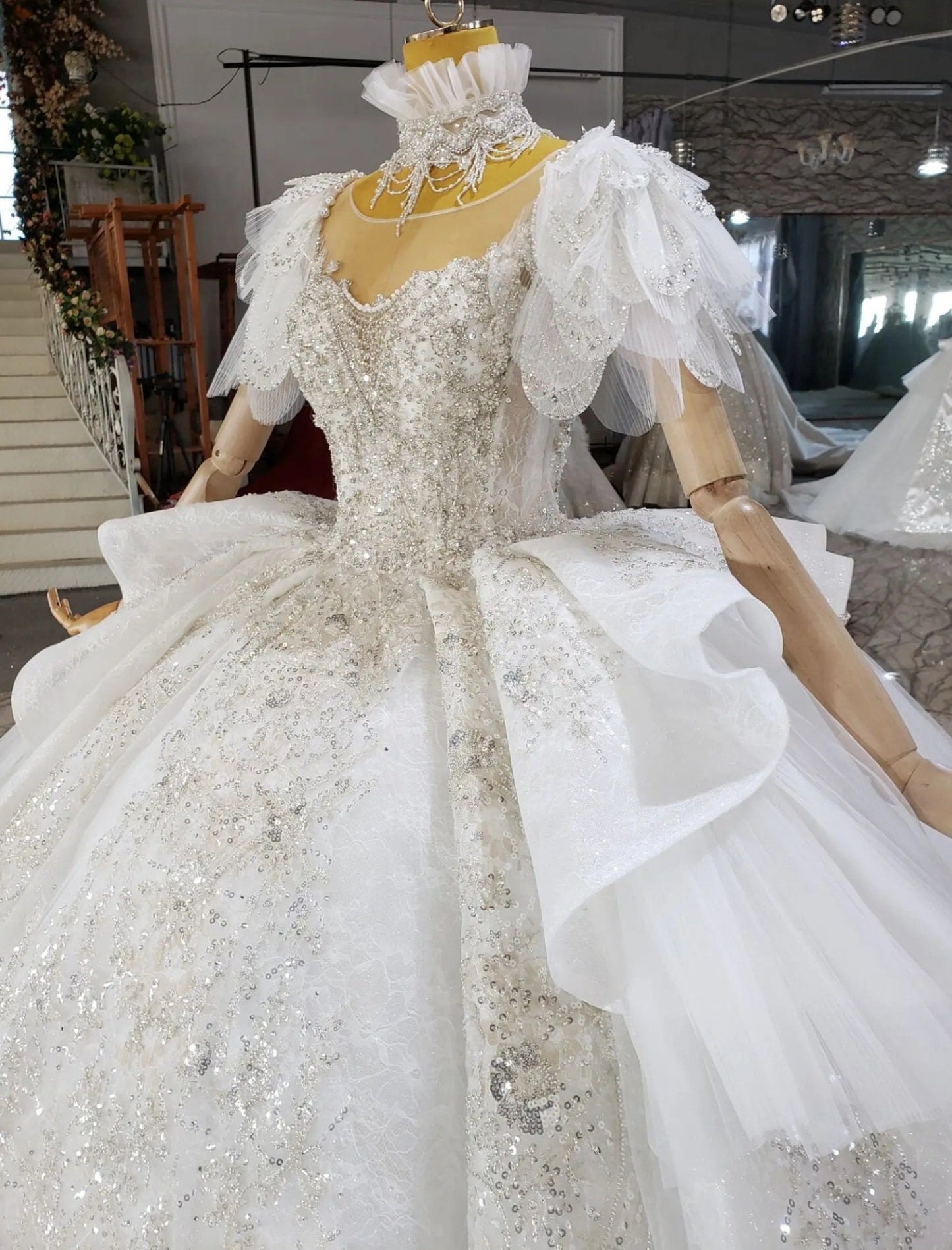Stunning Sweetheart Design Vintage Inspired Lace Short Crystal Beaded Tiered Pleated Sleeves With Detached High Frill Neck Piece Gown