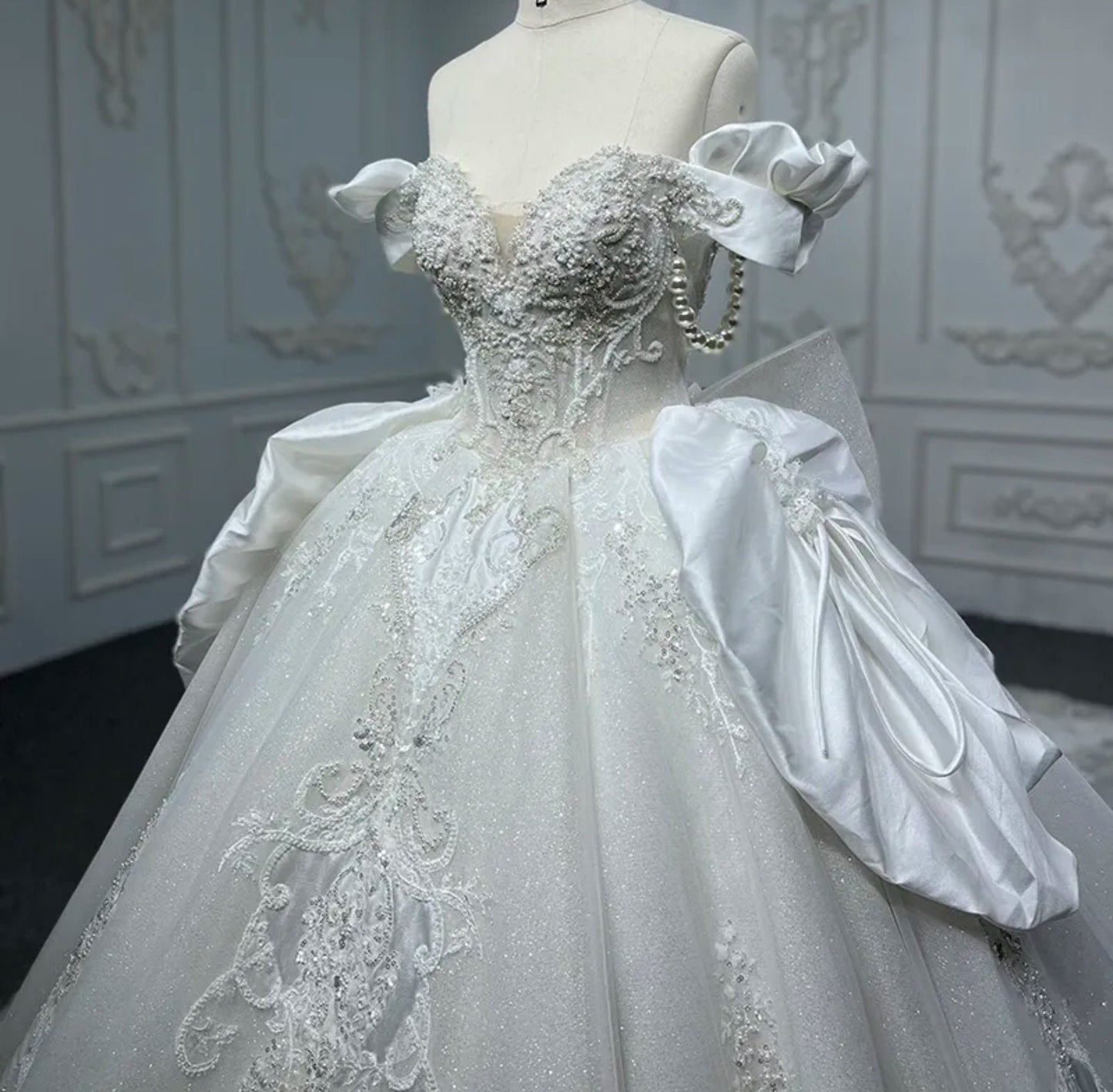Timeless Shimmering Historical Vintage Draped Pearl Beaded Off The Shoulder Sweetheart Gown