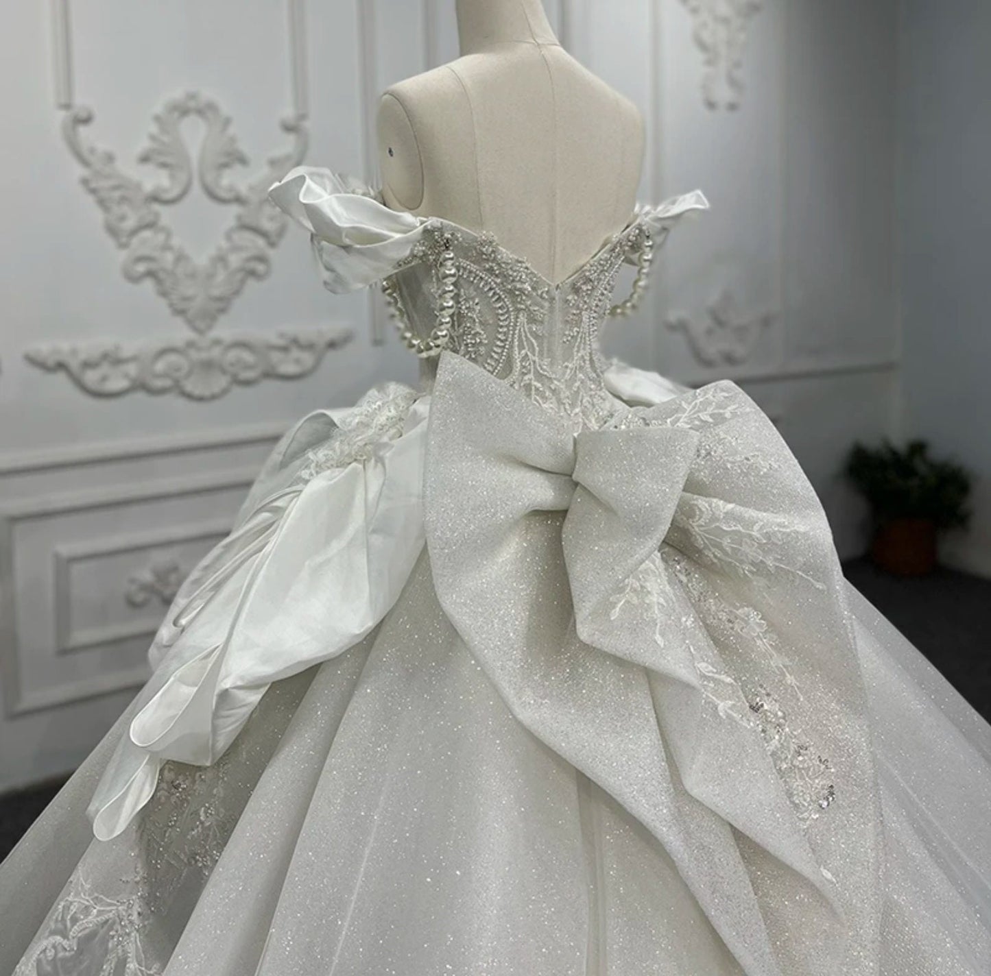 Timeless Shimmering Historical Vintage Draped Pearl Beaded Off The Shoulder Sweetheart Gown