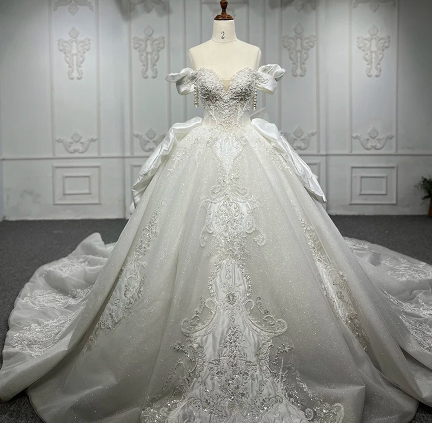 Timeless Shimmering Historical Vintage Draped Pearl Beaded Off The Shoulder Sweetheart Gown