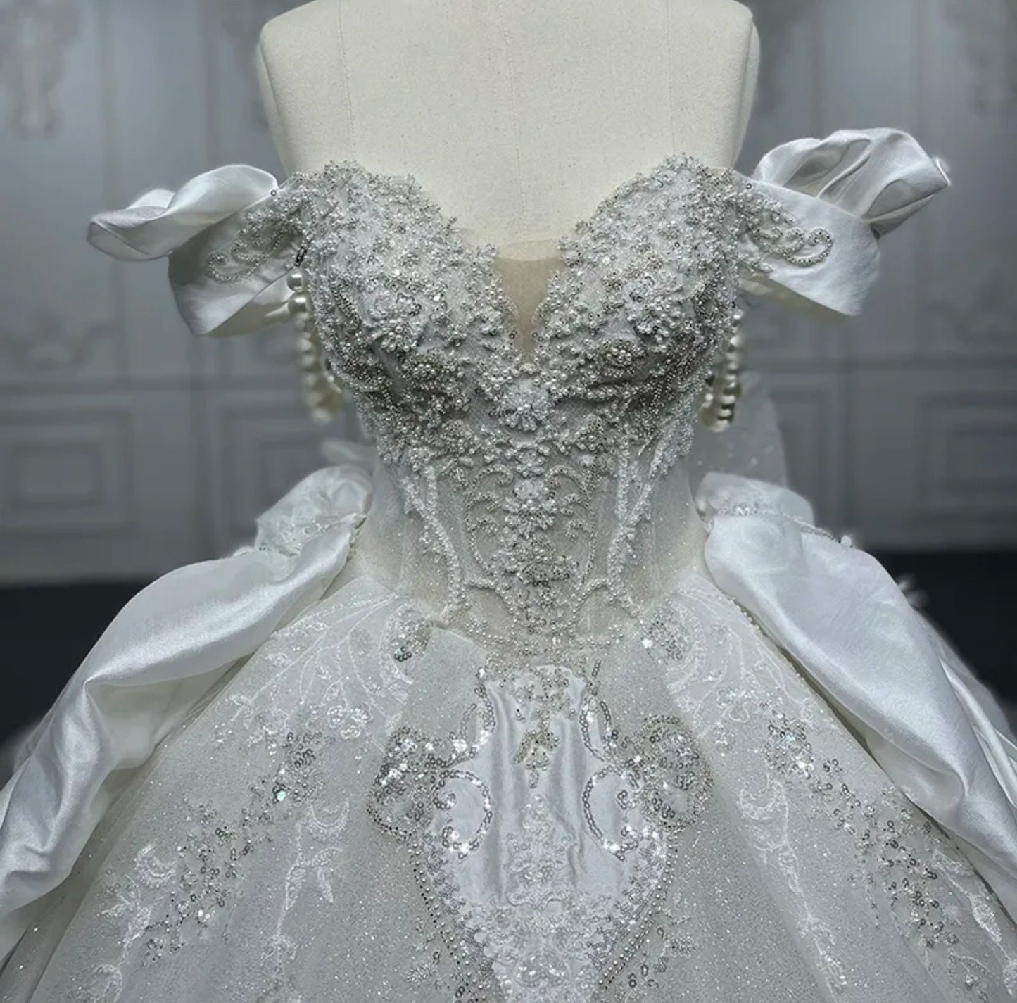 Timeless Shimmering Historical Vintage Draped Pearl Beaded Off The Shoulder Sweetheart Gown