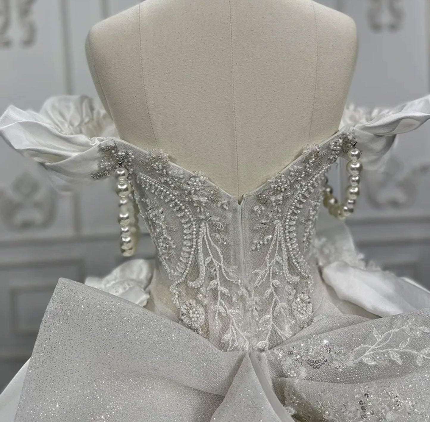 Timeless Shimmering Historical Vintage Draped Pearl Beaded Off The Shoulder Sweetheart Gown
