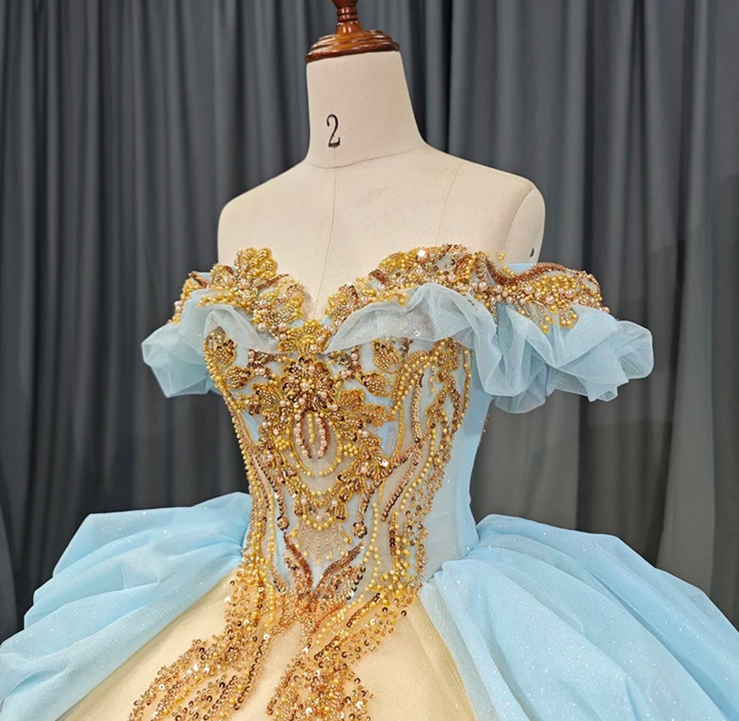 Blue And Gold Champagne Ruched Sequin Appliqués Ruffled Off The Shoulder Sweetheart Quinceañera Pageant Special Occasion Gown