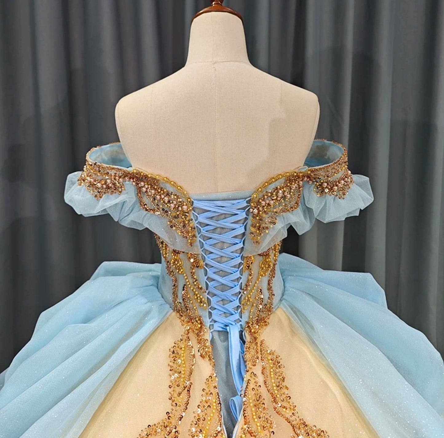 Blue And Gold Champagne Ruched Sequin Appliqués Ruffled Off The Shoulder Sweetheart Quinceañera Pageant Special Occasion Gown