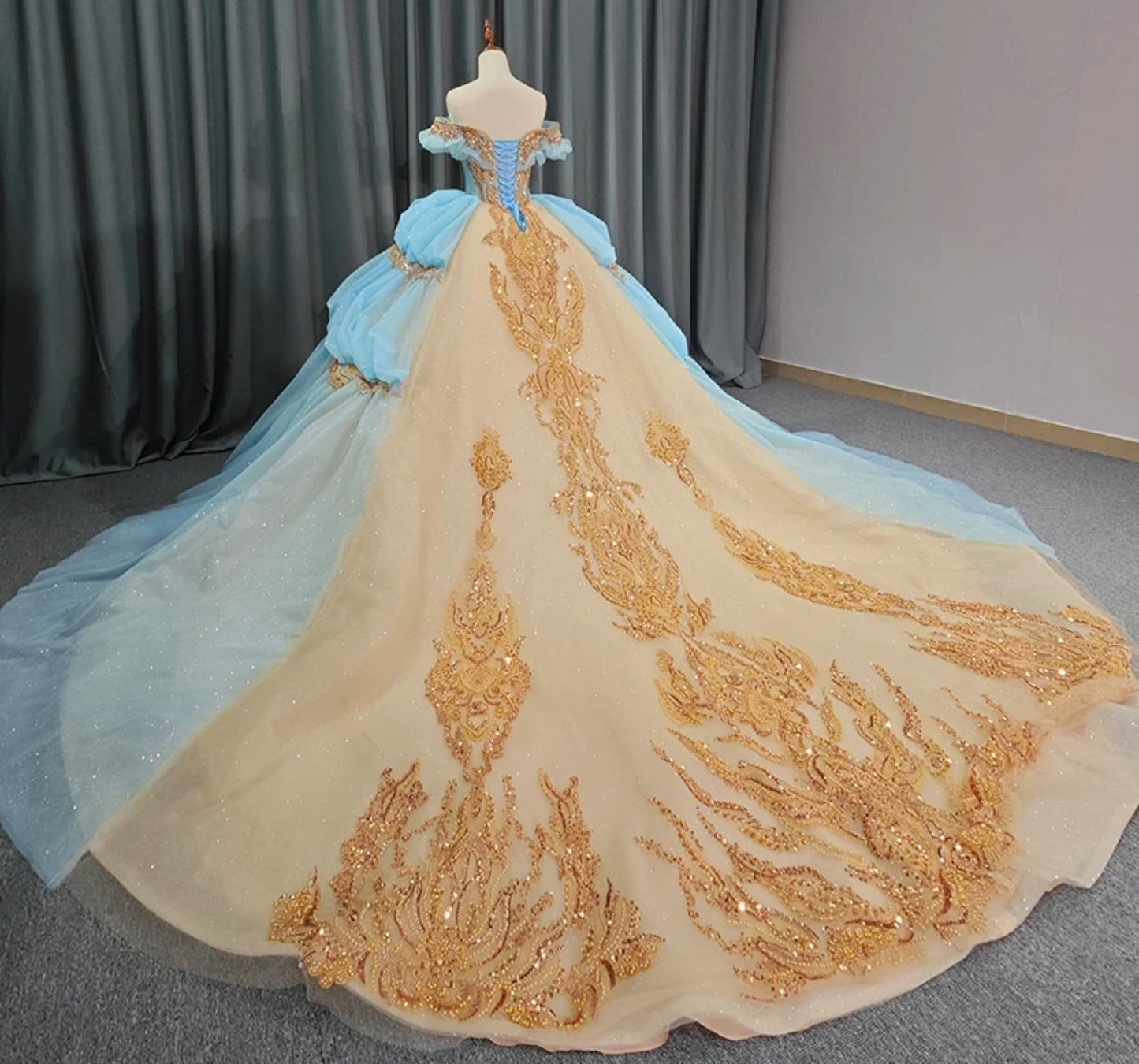 Blue And Gold Champagne Ruched Sequin Appliqués Ruffled Off The Shoulder Sweetheart Quinceañera Pageant Special Occasion Gown