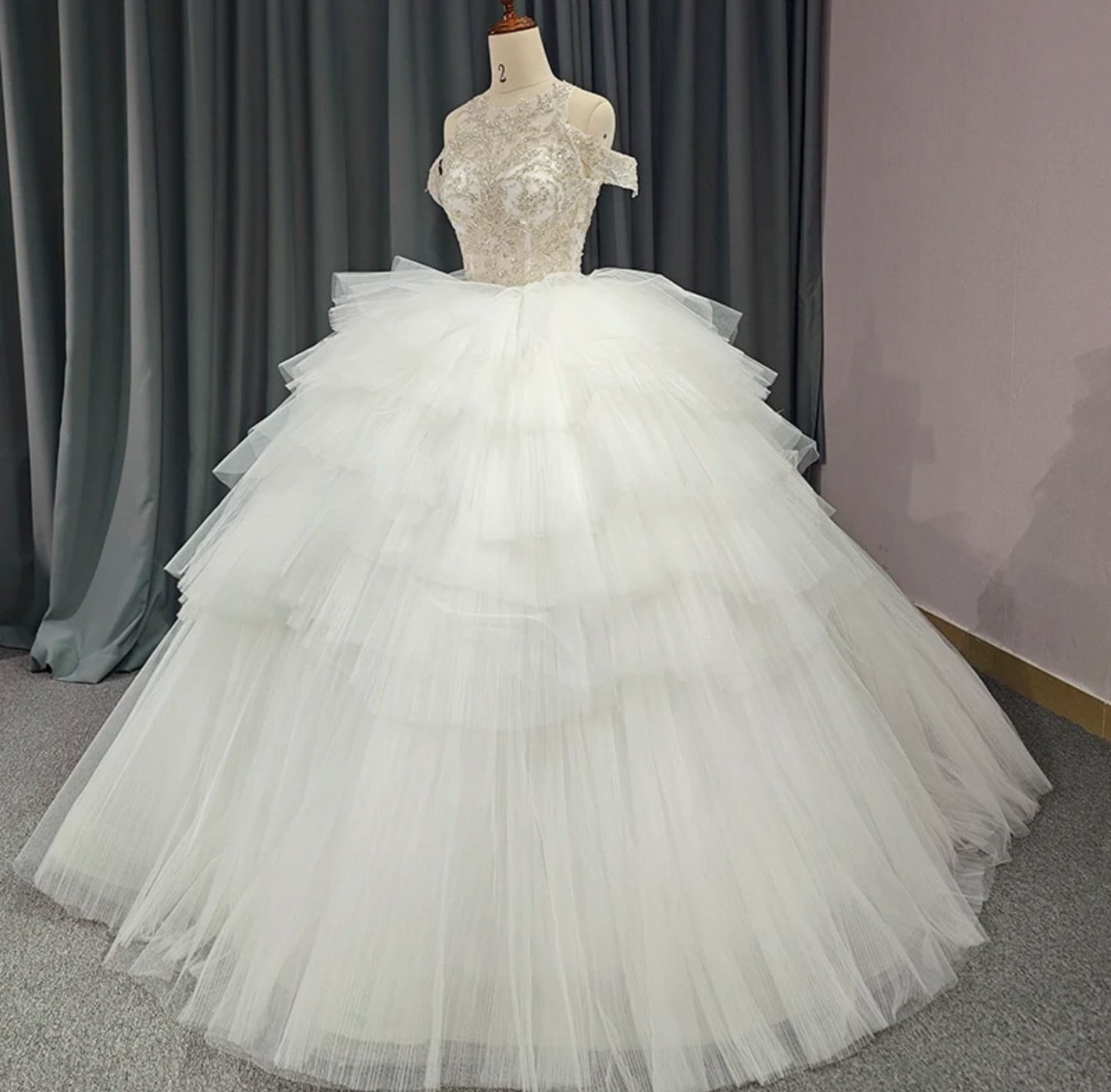 Beautiful Sequinned Lace Halter Neck With Detached Off The Shoulder Sleeves Organza Layered Bridal Ball Gown