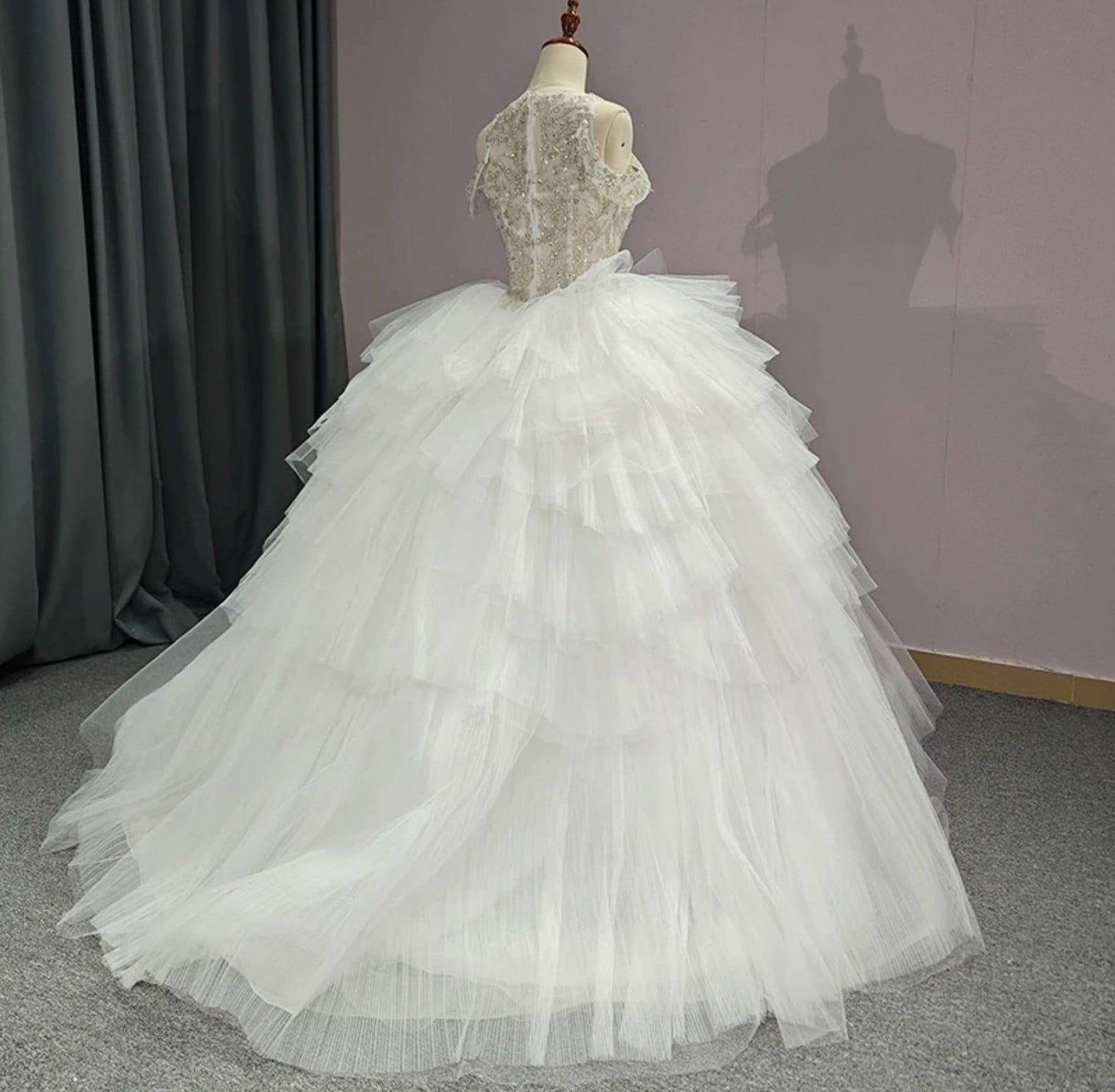 Beautiful Sequinned Lace Halter Neck With Detached Off The Shoulder Sleeves Organza Layered Bridal Ball Gown