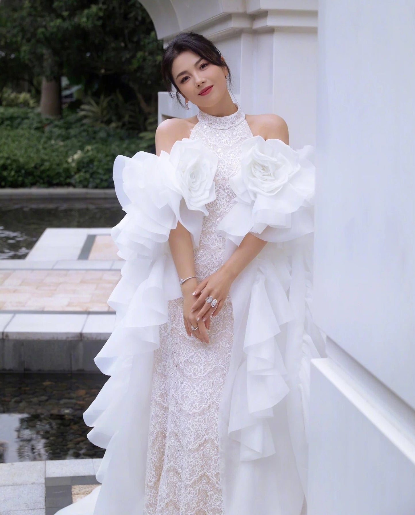 Detached Dramatic Beautiful Satin Organza Ruffled Oversized Floor Length Flower Bicep Sleeves