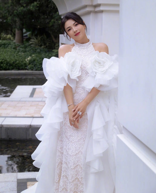 Detached Dramatic Beautiful Satin Organza Ruffled Oversized Floor Length Flower Bicep Sleeves