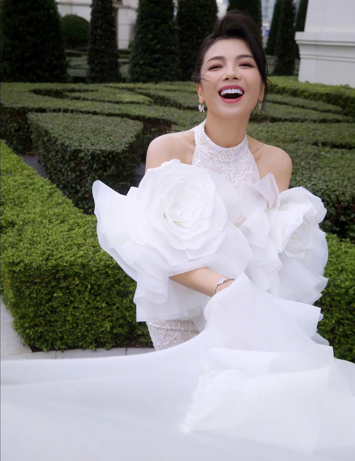 Detached Dramatic Beautiful Satin Organza Ruffled Oversized Floor Length Flower Bicep Sleeves