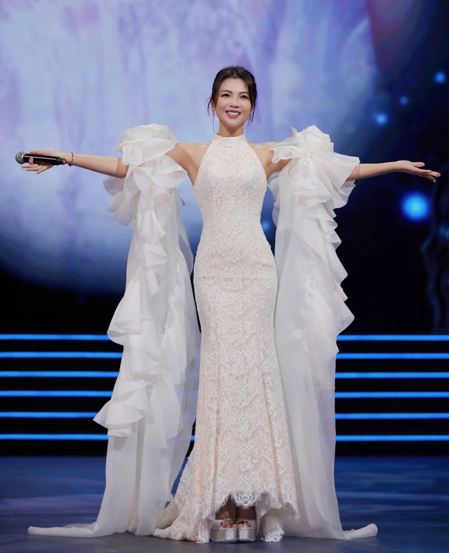 Detached Dramatic Beautiful Satin Organza Ruffled Oversized Floor Length Flower Bicep Sleeves