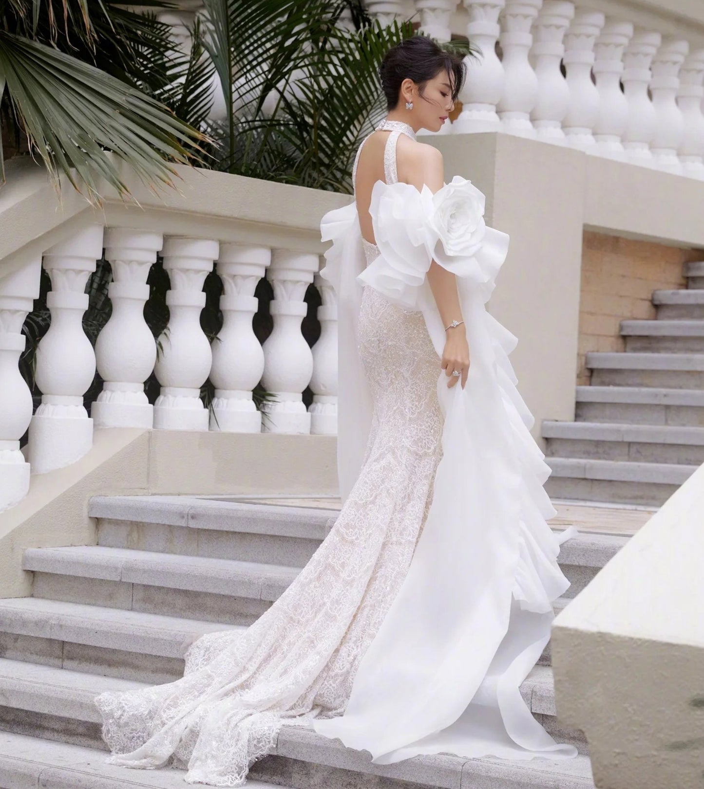 Detached Dramatic Beautiful Satin Organza Ruffled Oversized Floor Length Flower Bicep Sleeves