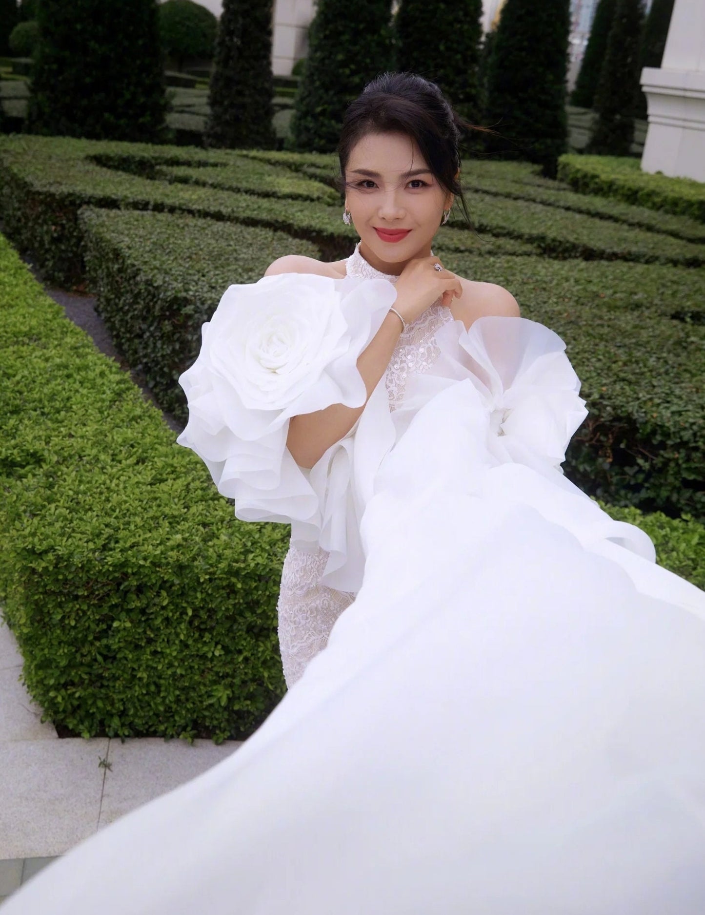 Detached Dramatic Beautiful Satin Organza Ruffled Oversized Floor Length Flower Bicep Sleeves