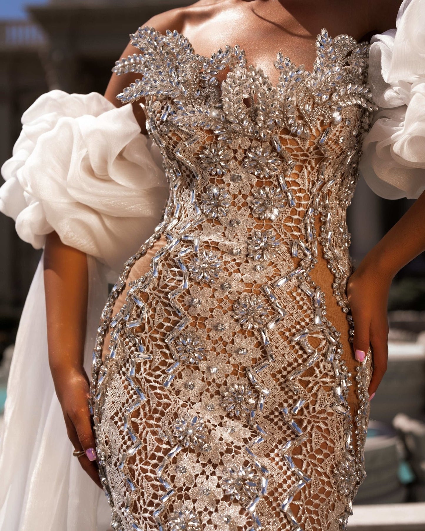 Detached Ruffled Lovely Satin Organza Floor Length Bicep Cloud Sleeves