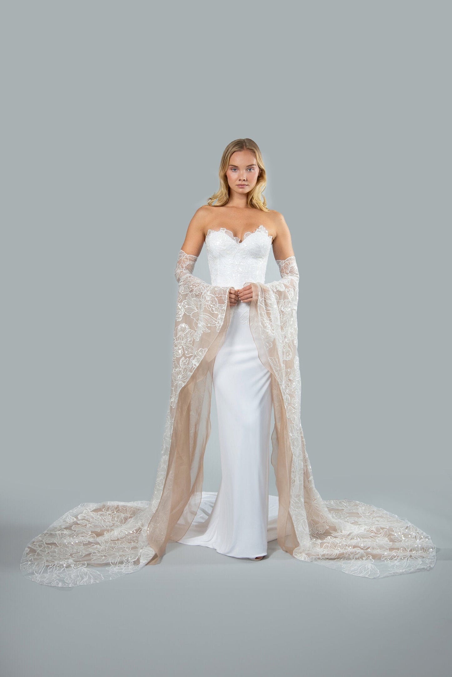 Detached Asymmetrical Dramatic Floral Sequin Laced Draped Batwing Floor Length Sleeves