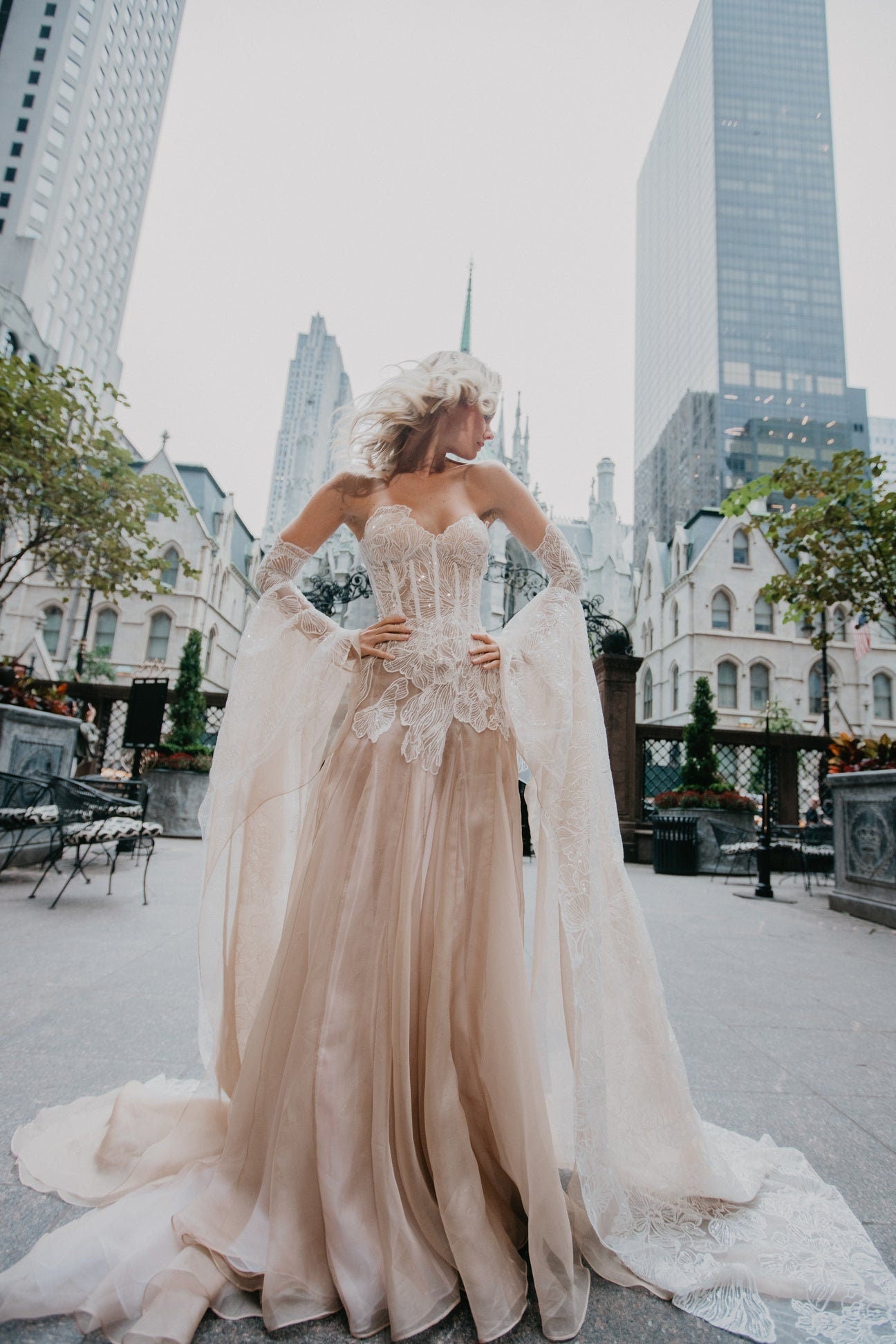 Detached Asymmetrical Dramatic Floral Sequin Laced Draped Batwing Floor Length Sleeves