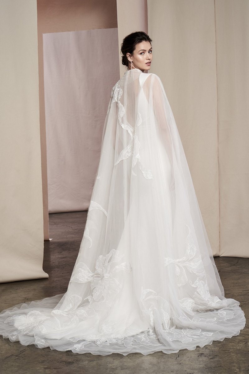 Bold Flower Sheer Bicep Split Button Neck Enclosure Floor Length Bridal Cape