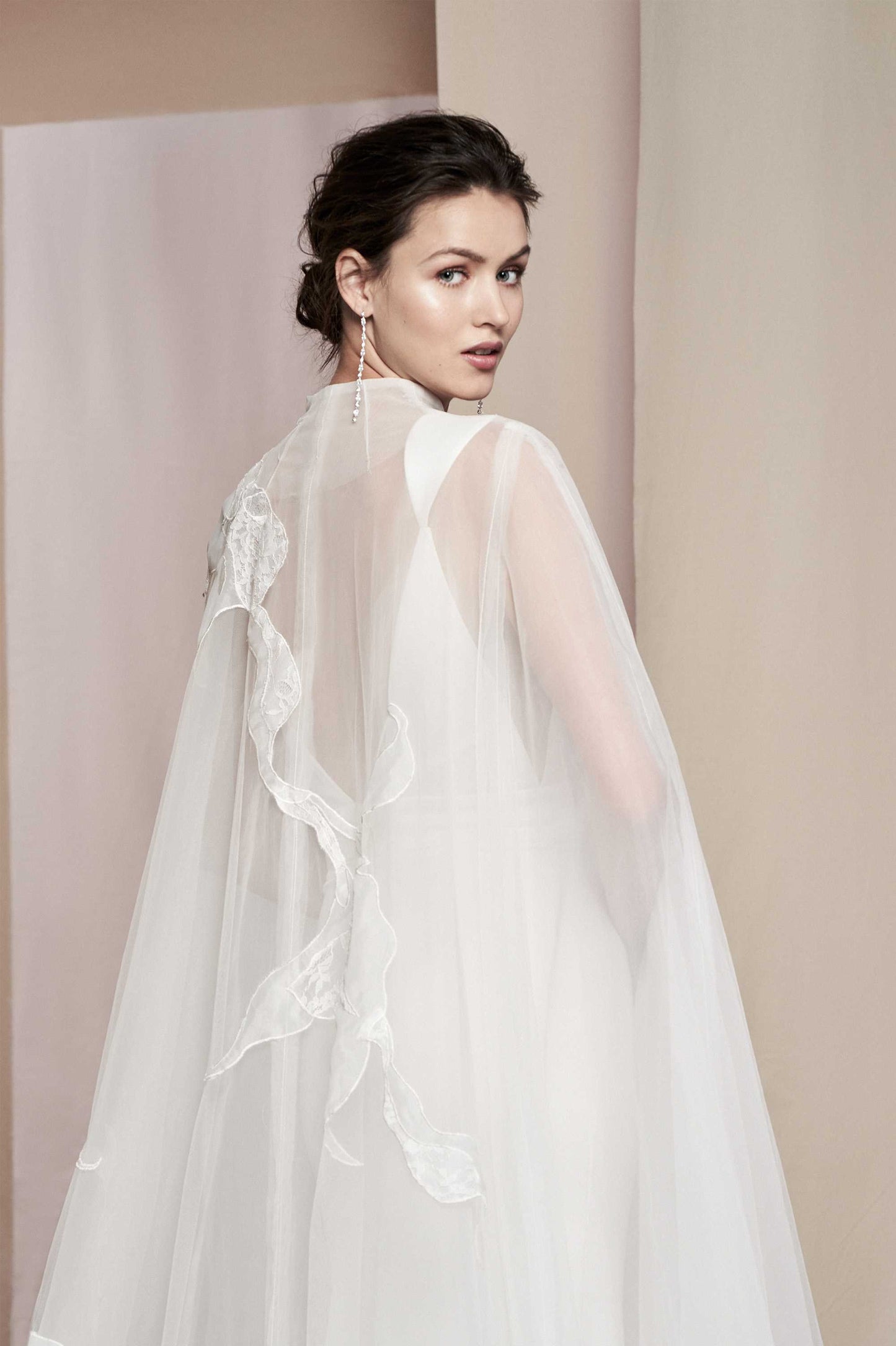 Bold Flower Sheer Bicep Split Button Neck Enclosure Floor Length Bridal Cape