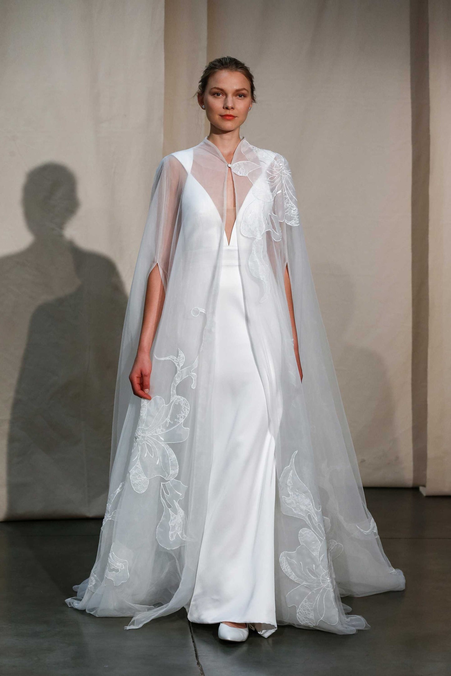 Bold Flower Sheer Bicep Split Button Neck Enclosure Floor Length Bridal Cape