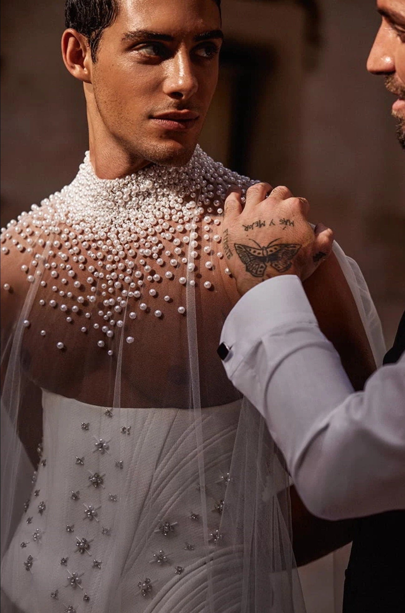 Sheer Pearl Beaded High Neck With Scattered Pleated Tulle Puff Detail Bridal Special Occasion Event Cape Shawl