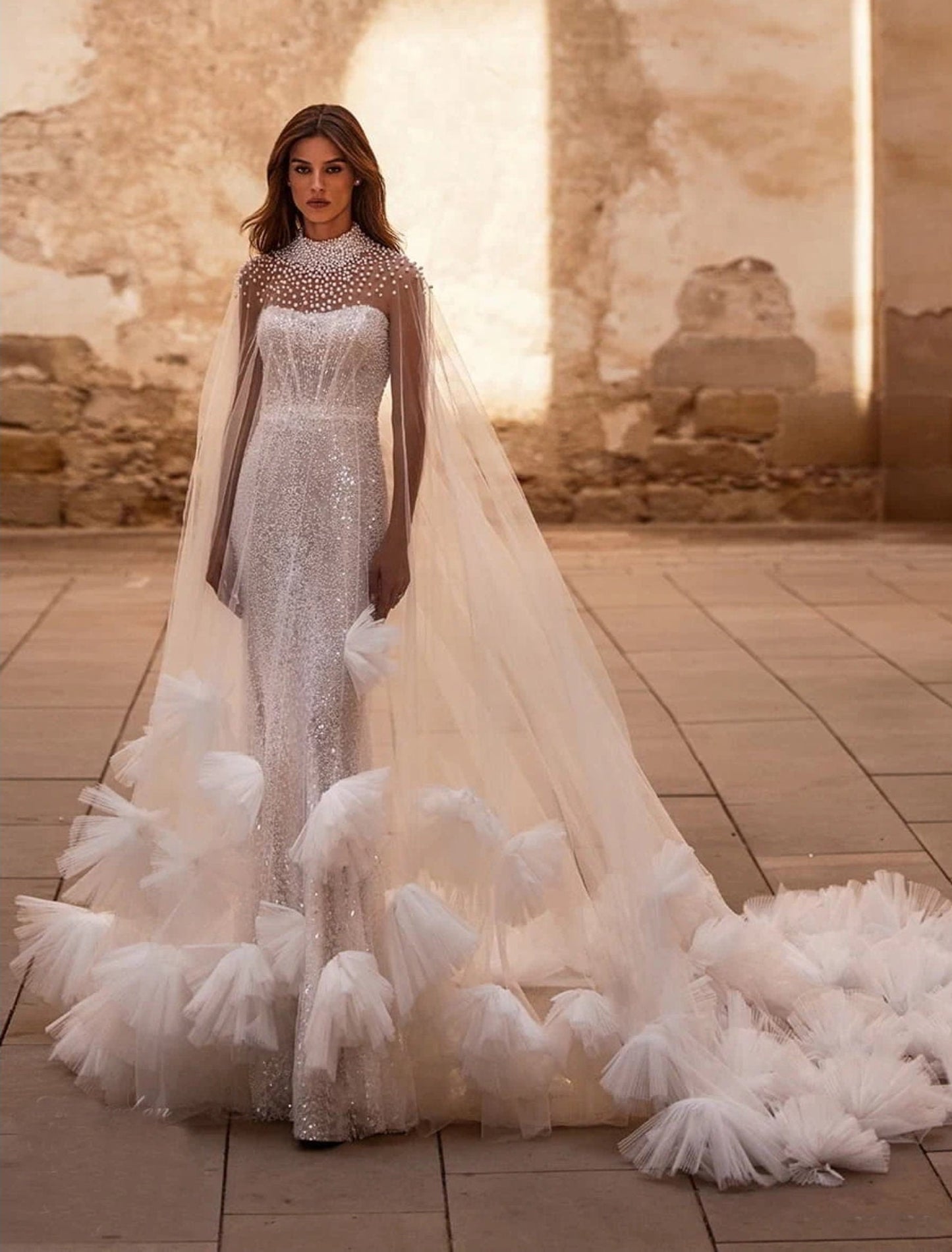 Sheer Pearl Beaded High Neck With Scattered Pleated Tulle Puff Detail Bridal Special Occasion Event Cape Shawl