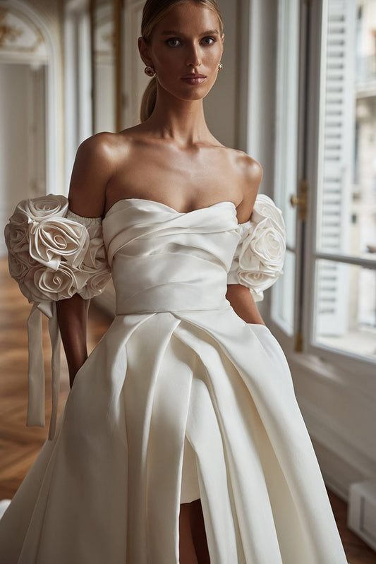 Detached Bicep Flower Bouquet Sleeves With Draped Ribbon Detail