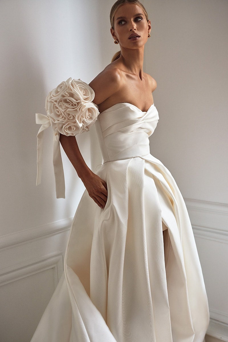 Detached Bicep Flower Bouquet Sleeves With Draped Ribbon Detail