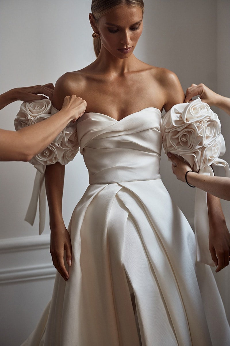 Detached Bicep Flower Bouquet Sleeves With Draped Ribbon Detail
