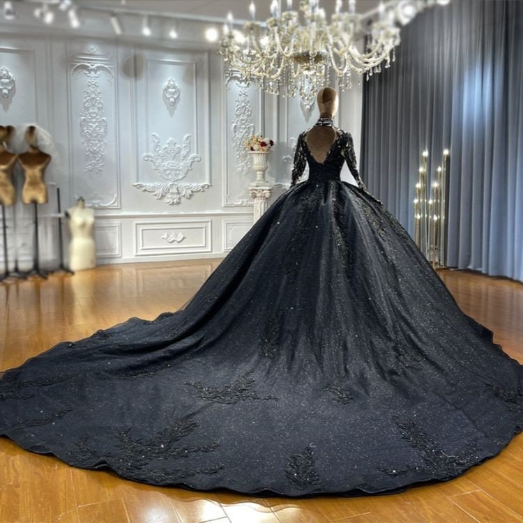 Black High Neck Sheer Long Sleeve Sequin Beaded Special Occasion Prom Gala Event Bridal Ball Gown