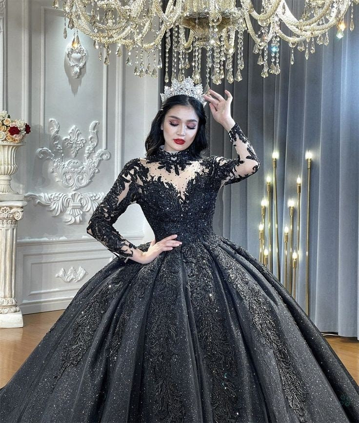 Black High Neck Sheer Long Sleeve Sequin Beaded Special Occasion Prom Gala Event Bridal Ball Gown