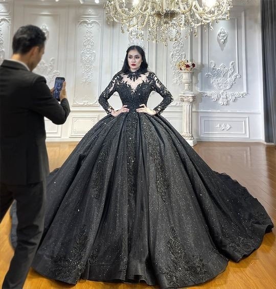 Black High Neck Sheer Long Sleeve Sequin Beaded Special Occasion Prom Gala Event Bridal Ball Gown