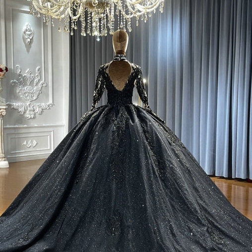 Black High Neck Sheer Long Sleeve Sequin Beaded Special Occasion Prom Gala Event Bridal Ball Gown