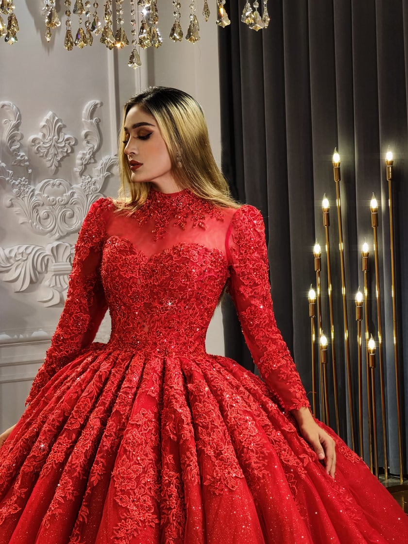 Red Sweetheart Lace Sequin Appliqués And Beading Illusion Mid Neck Bridal Special Occasion Event Gala Quinceañera Gown