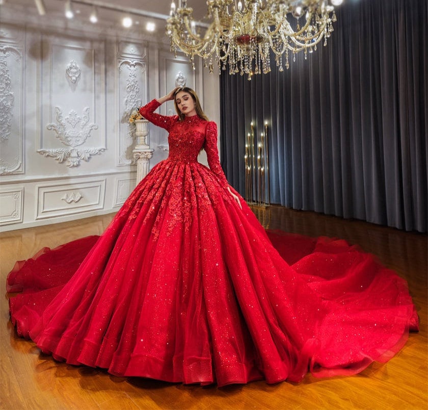 Red Sweetheart Lace Sequin Appliqués And Beading Illusion Mid Neck Bridal Special Occasion Event Gala Quinceañera Gown