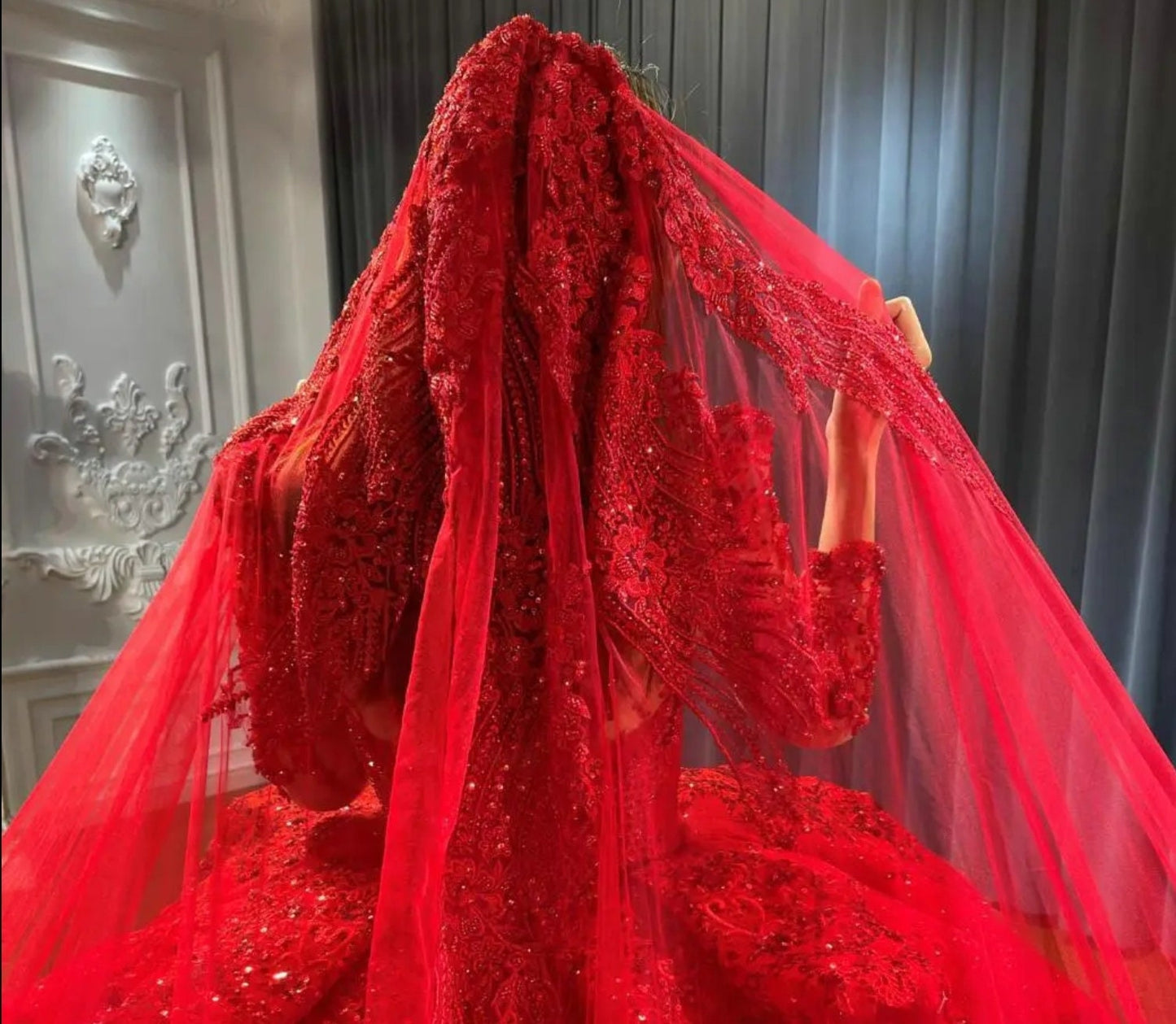 Long Sleeve Beaded Sequin Vintage Victorian Era Red Shimmering Layered Bridal Ball Gown With Optional Matching Veil