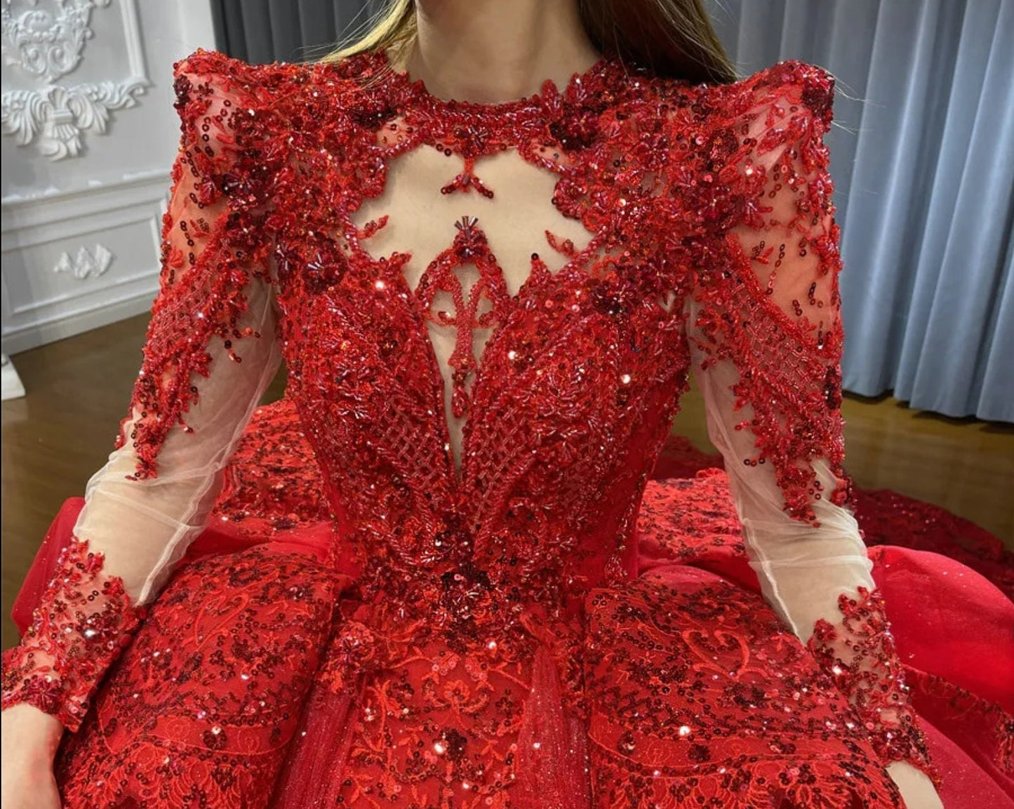 Long Sleeve Beaded Sequin Vintage Victorian Era Red Shimmering Layered Bridal Ball Gown With Optional Matching Veil