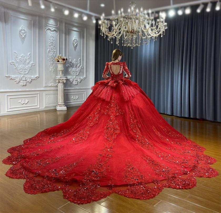 Long Sleeve Beaded Sequin Vintage Victorian Era Red Shimmering Layered Bridal Ball Gown With Optional Matching Veil