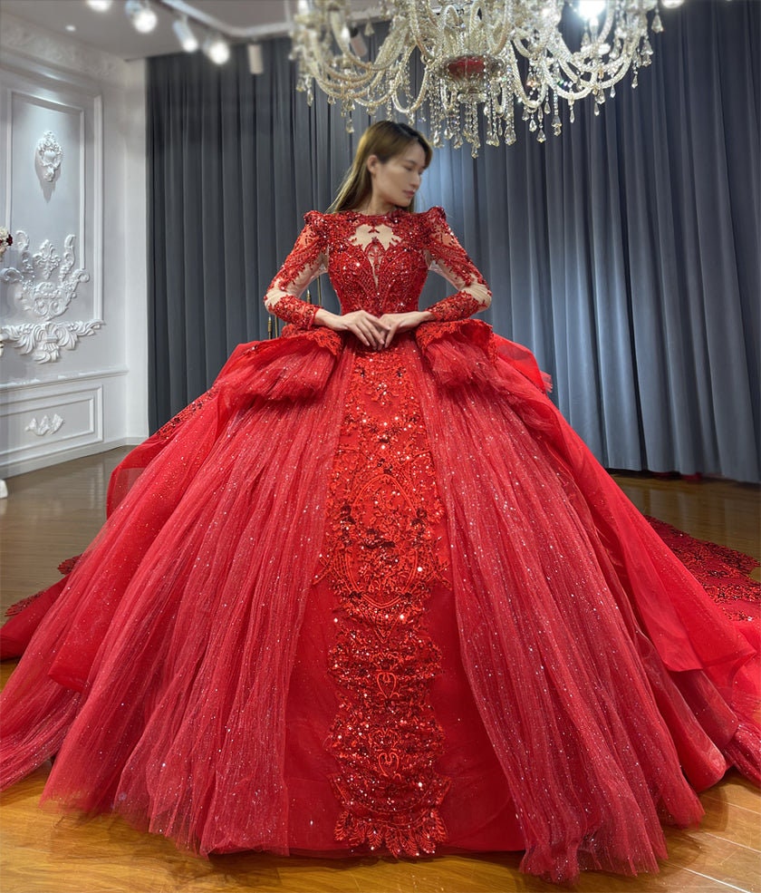 Long Sleeve Beaded Sequin Vintage Victorian Era Red Shimmering Layered Bridal Ball Gown With Optional Matching Veil