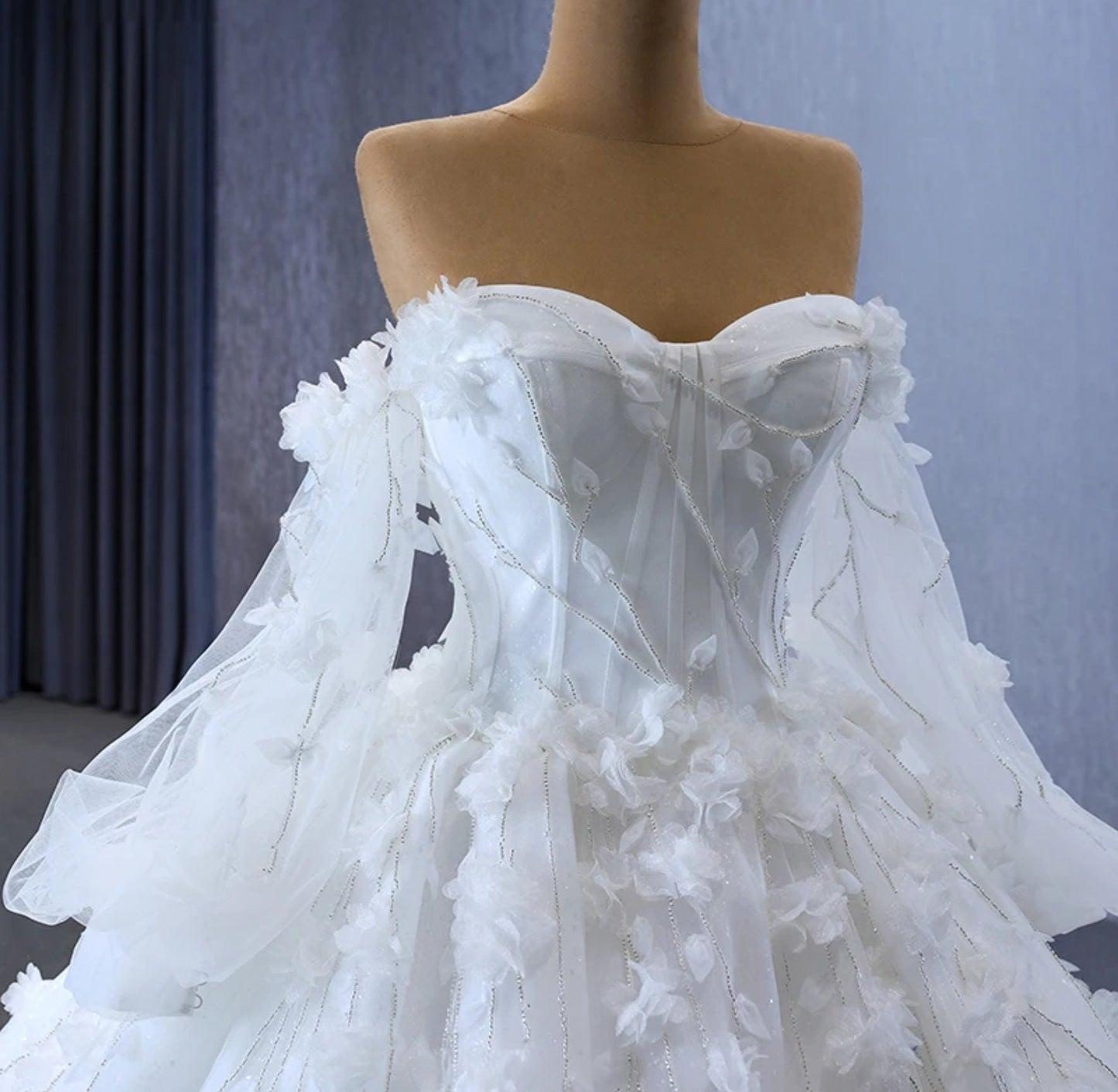 Beautiful Beaded Floral Vine Sweetheart Corset Style Bodice Gown With Trailing Down Floral Vines And Detached Matching Sleeves