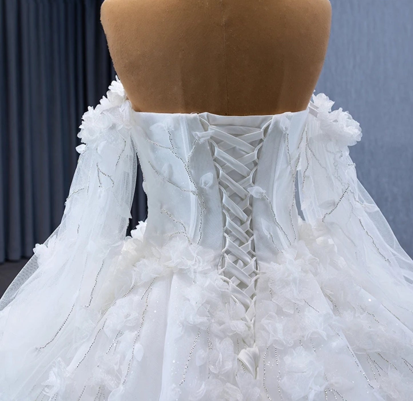 Beautiful Beaded Floral Vine Sweetheart Corset Style Bodice Gown With Trailing Down Floral Vines And Detached Matching Sleeves