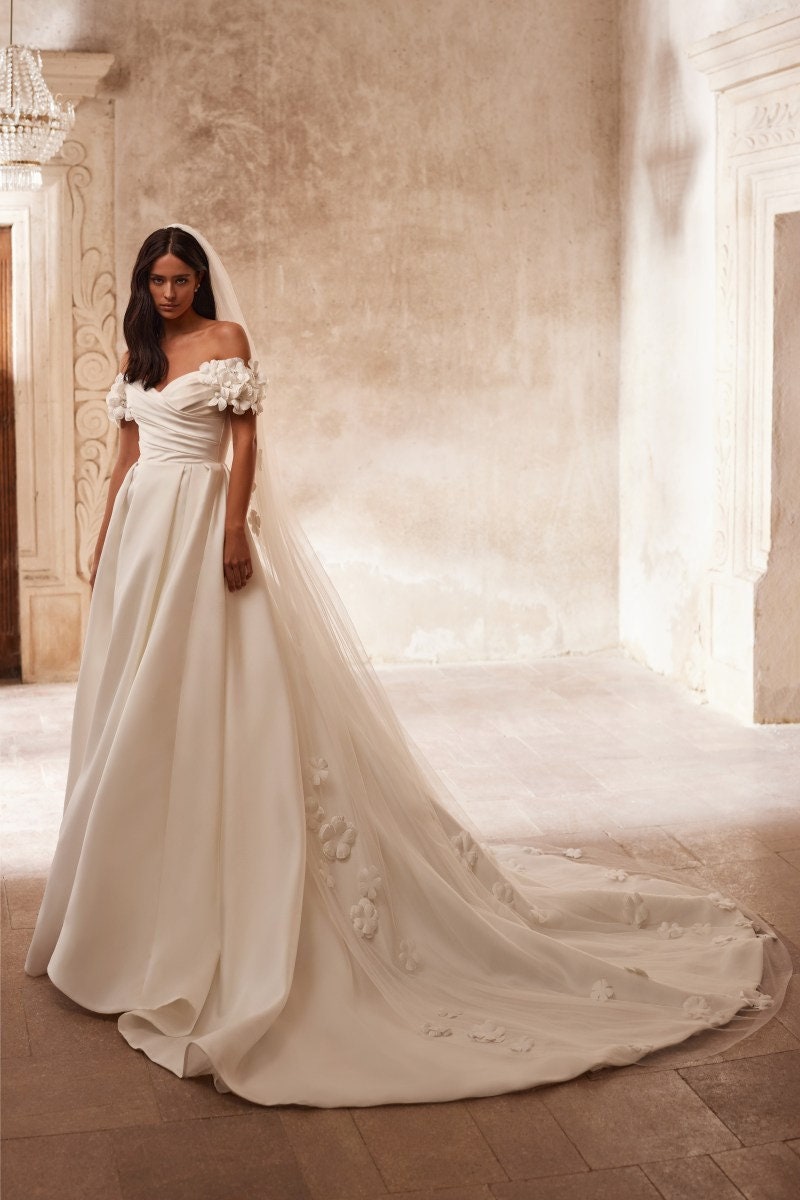 Floral Off The Shoulder Pleated Simple Minimalist Sweetheart A-Line Bridal Gown