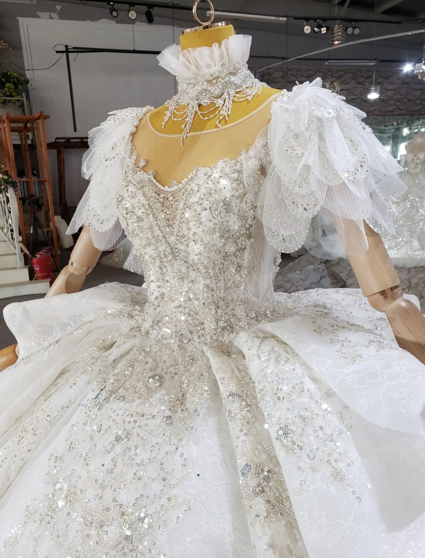 Stunning Sweetheart Design Vintage Inspired Lace Short Crystal Beaded Tiered Pleated Sleeves With Detached High Frill Neck Piece Gown