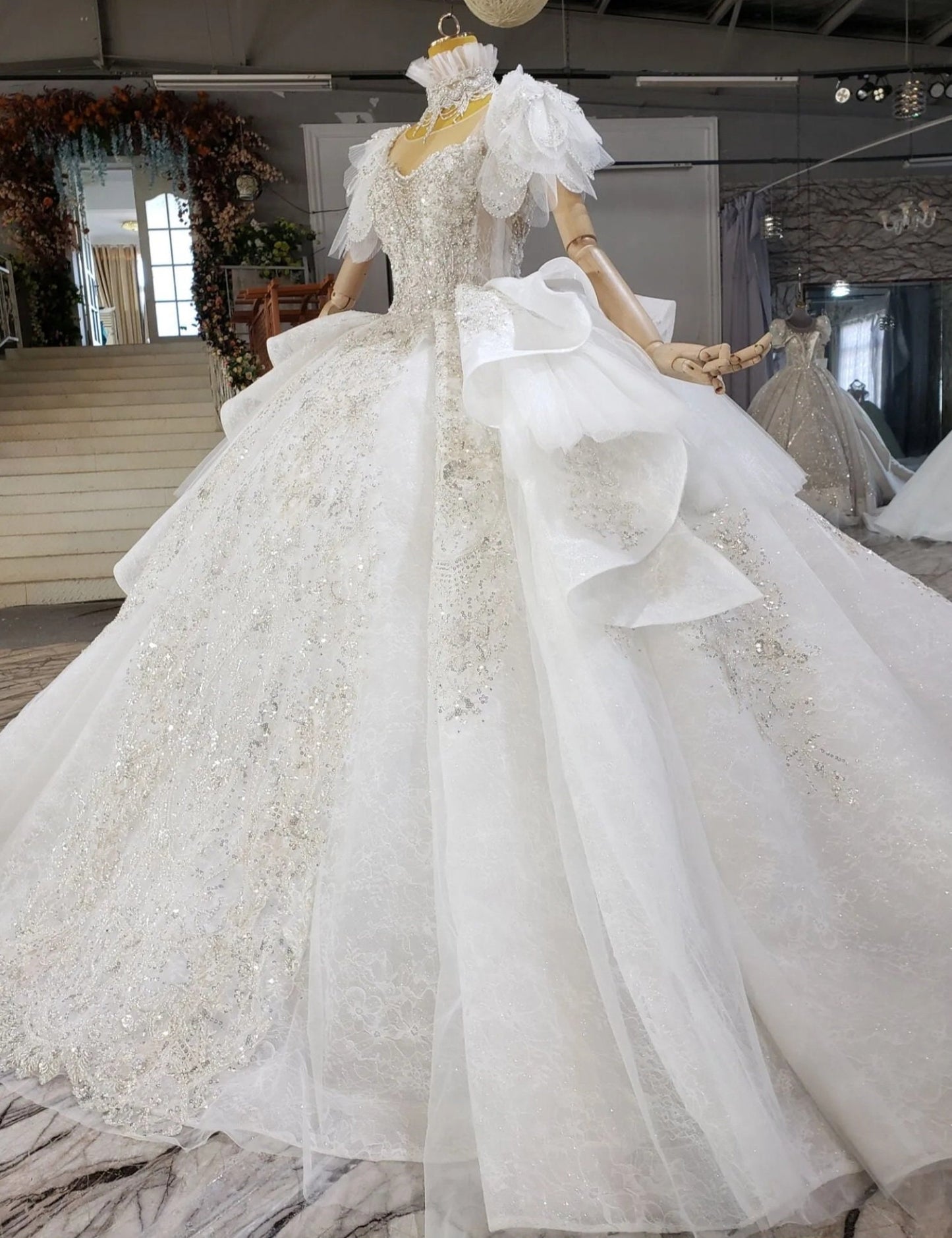 Stunning Sweetheart Design Vintage Inspired Lace Short Crystal Beaded Tiered Pleated Sleeves With Detached High Frill Neck Piece Gown