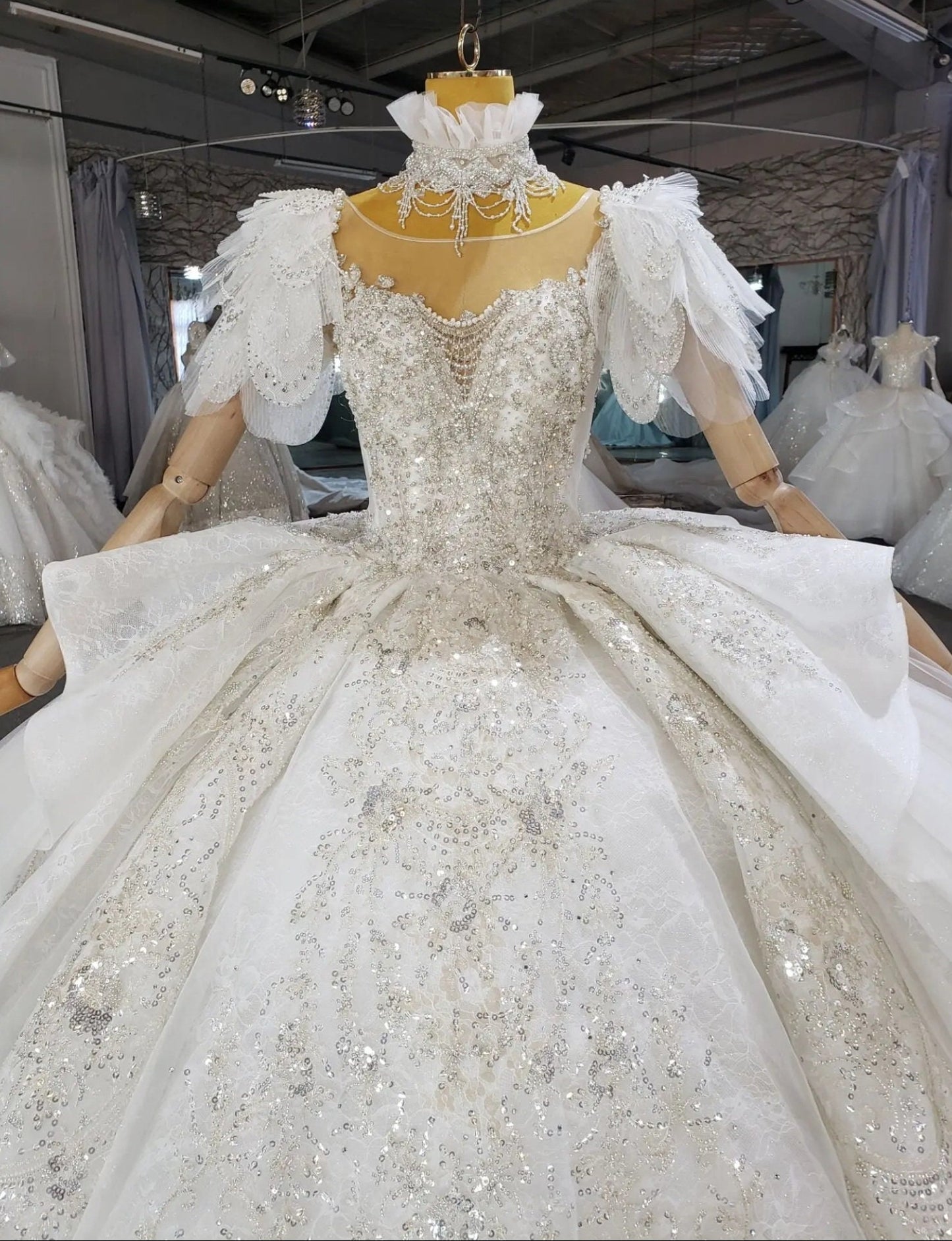 Stunning Sweetheart Design Vintage Inspired Lace Short Crystal Beaded Tiered Pleated Sleeves With Detached High Frill Neck Piece Gown