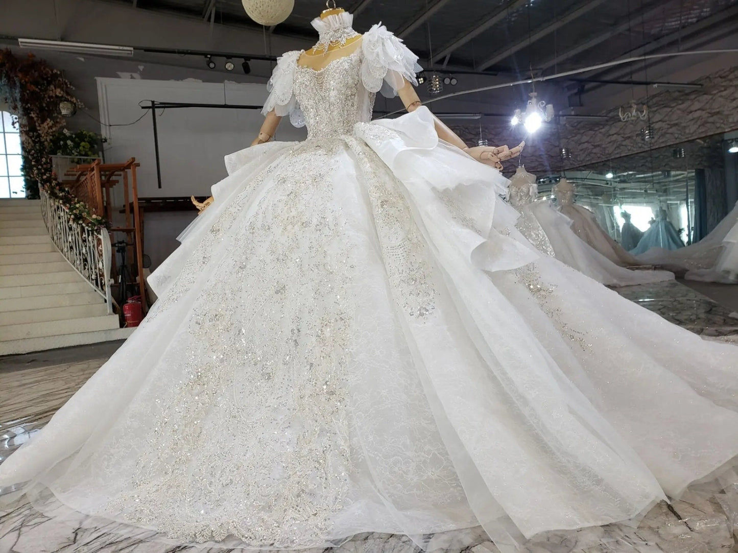 Stunning Sweetheart Design Vintage Inspired Lace Short Crystal Beaded Tiered Pleated Sleeves With Detached High Frill Neck Piece Gown