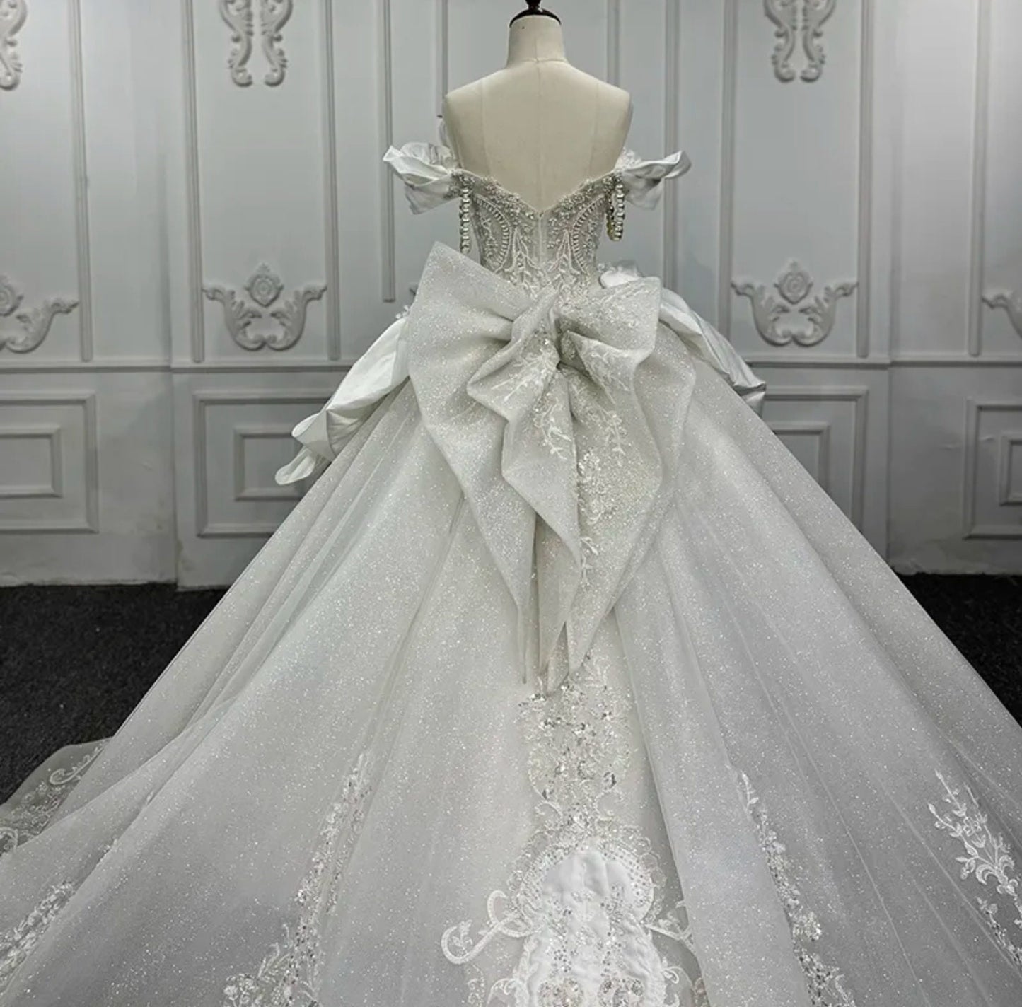 Timeless Shimmering Historical Vintage Draped Pearl Beaded Off The Shoulder Sweetheart Gown