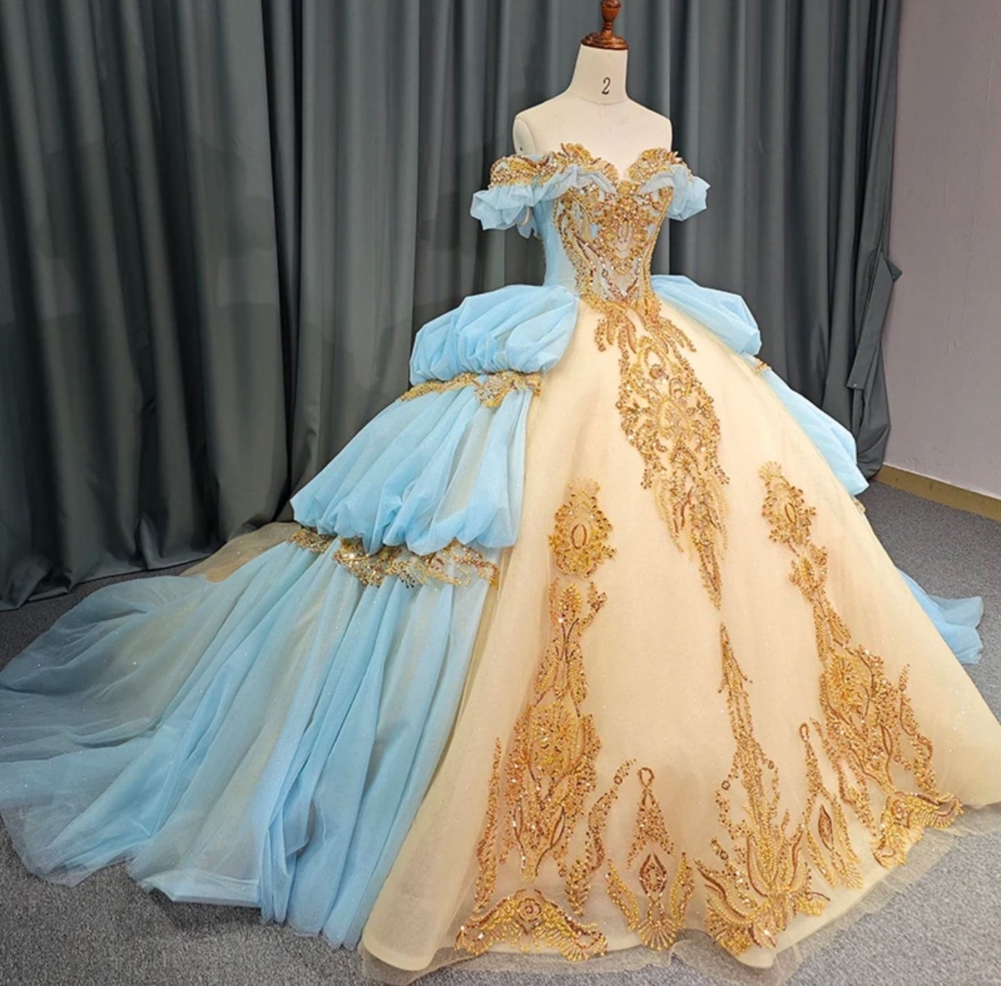 Blue And Gold Champagne Ruched Sequin Appliqués Ruffled Off The Shoulder Sweetheart Quinceañera Pageant Special Occasion Gown