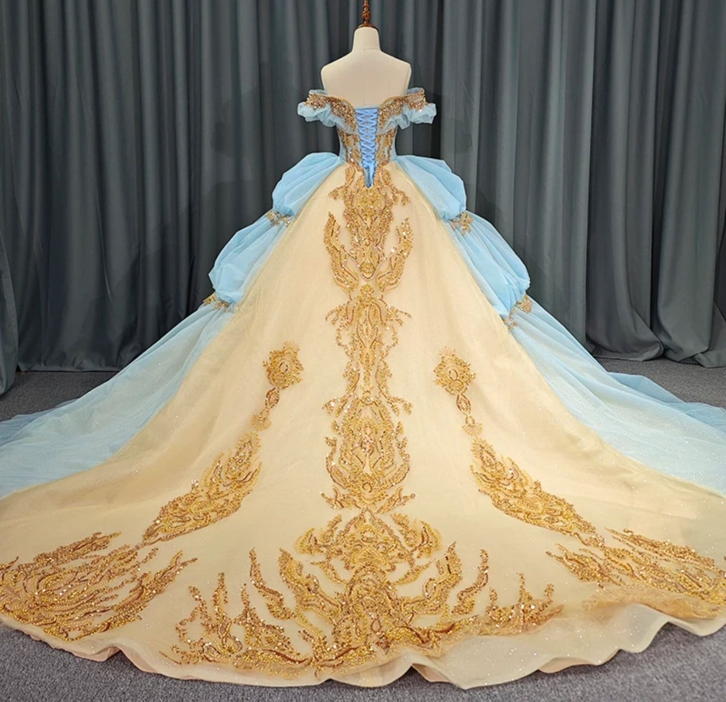 Blue And Gold Champagne Ruched Sequin Appliqués Ruffled Off The Shoulder Sweetheart Quinceañera Pageant Special Occasion Gown