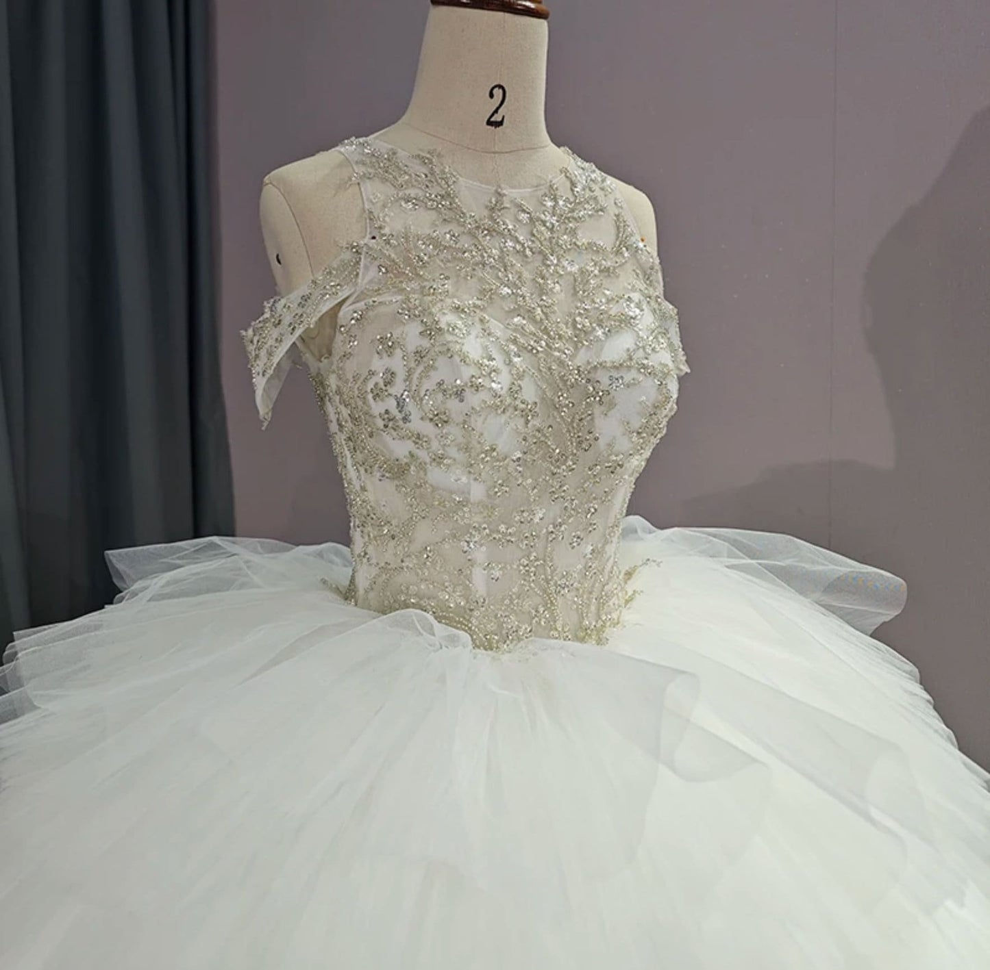 Beautiful Sequinned Lace Halter Neck With Detached Off The Shoulder Sleeves Organza Layered Bridal Ball Gown