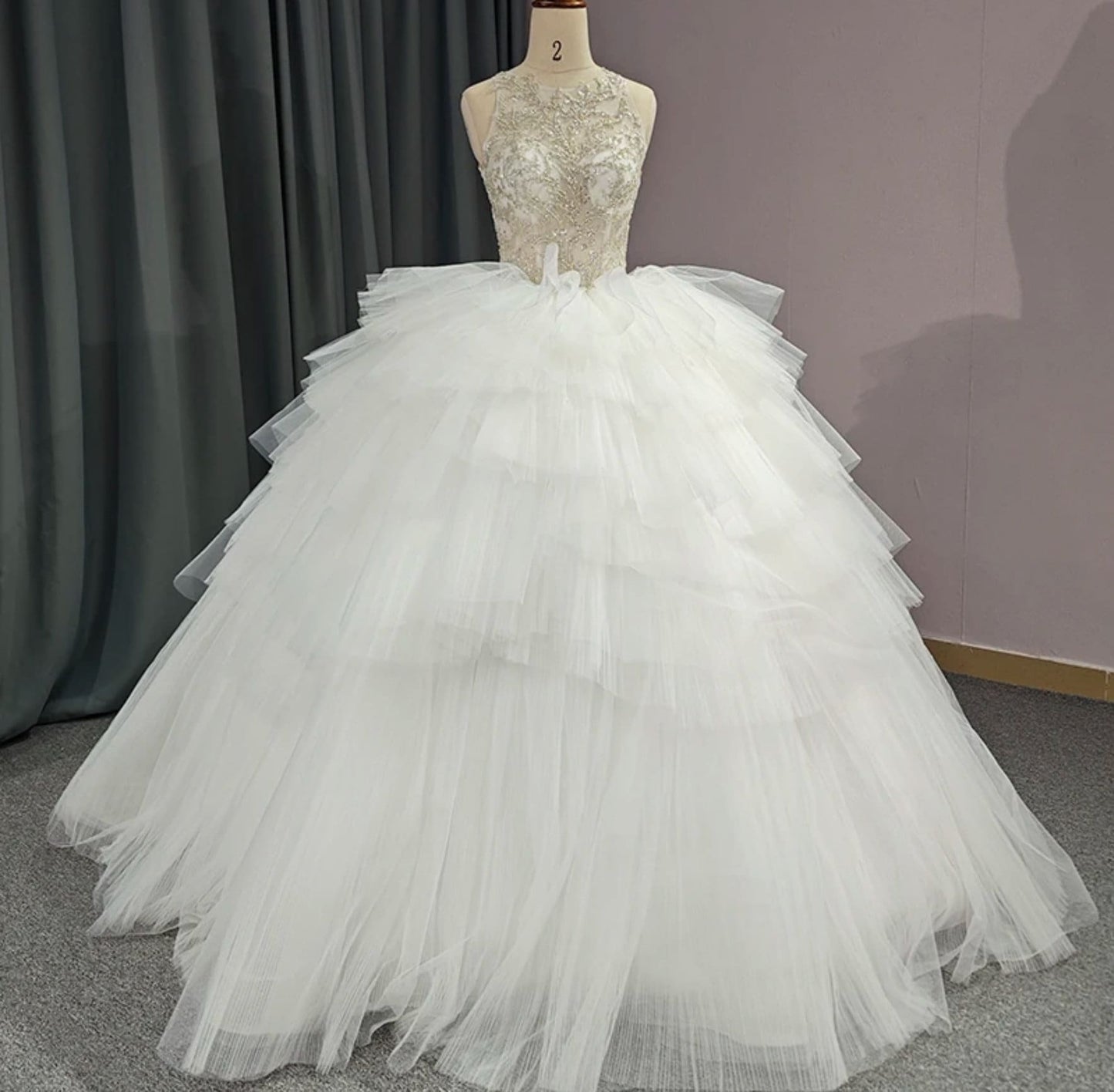 Beautiful Sequinned Lace Halter Neck With Detached Off The Shoulder Sleeves Organza Layered Bridal Ball Gown